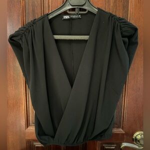 Zara Chiffon Black Top With Shoulder Pads